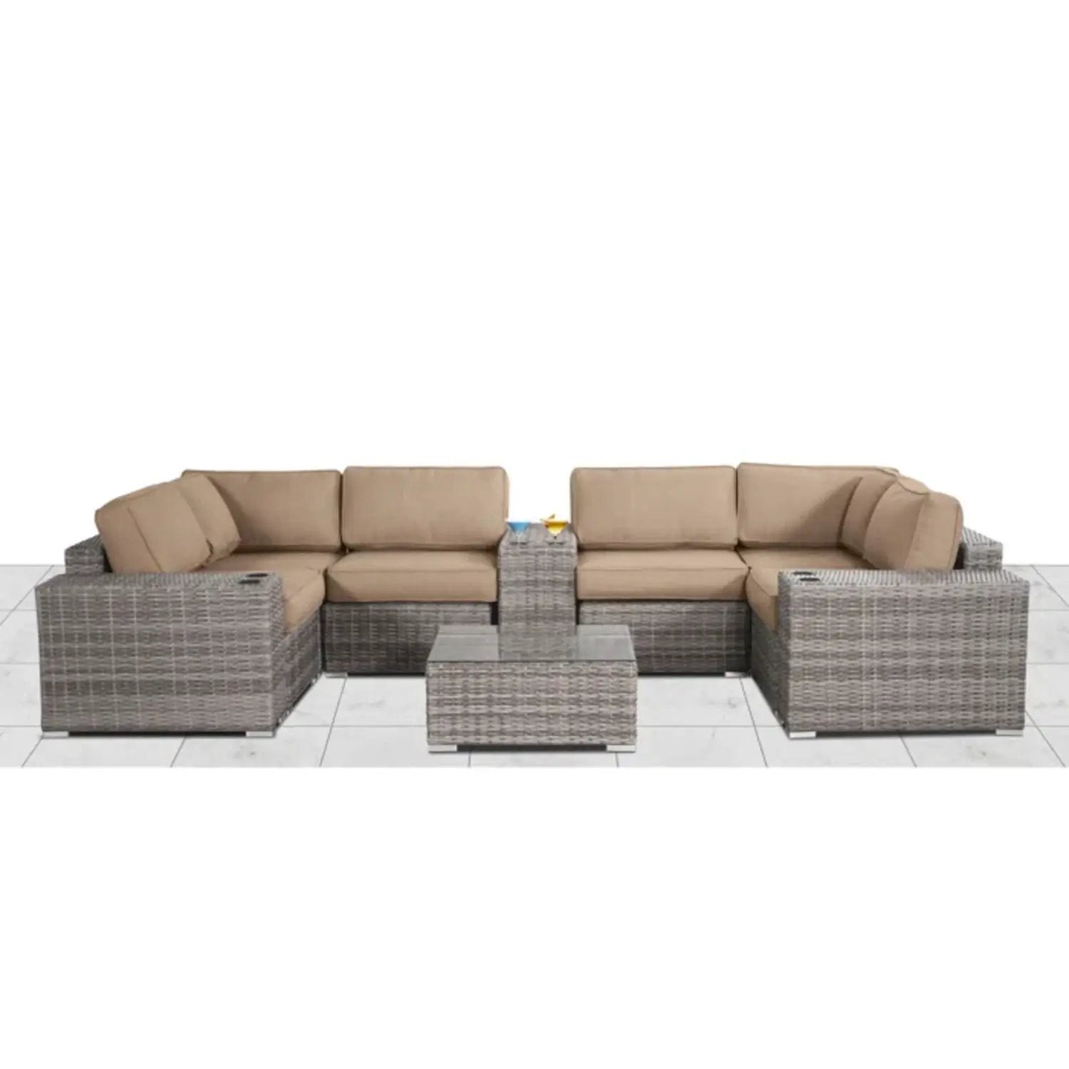 Modern patio rattan sectional set with beige cushions and coffee table by Unique Piece on Tampa Home & Garden Store