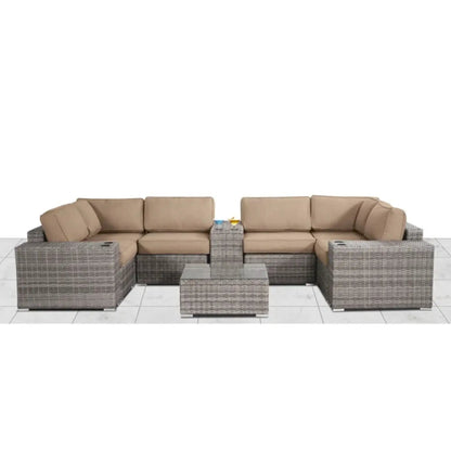 Modern patio rattan sectional set with beige cushions and coffee table by Unique Piece on Tampa Home & Garden Store