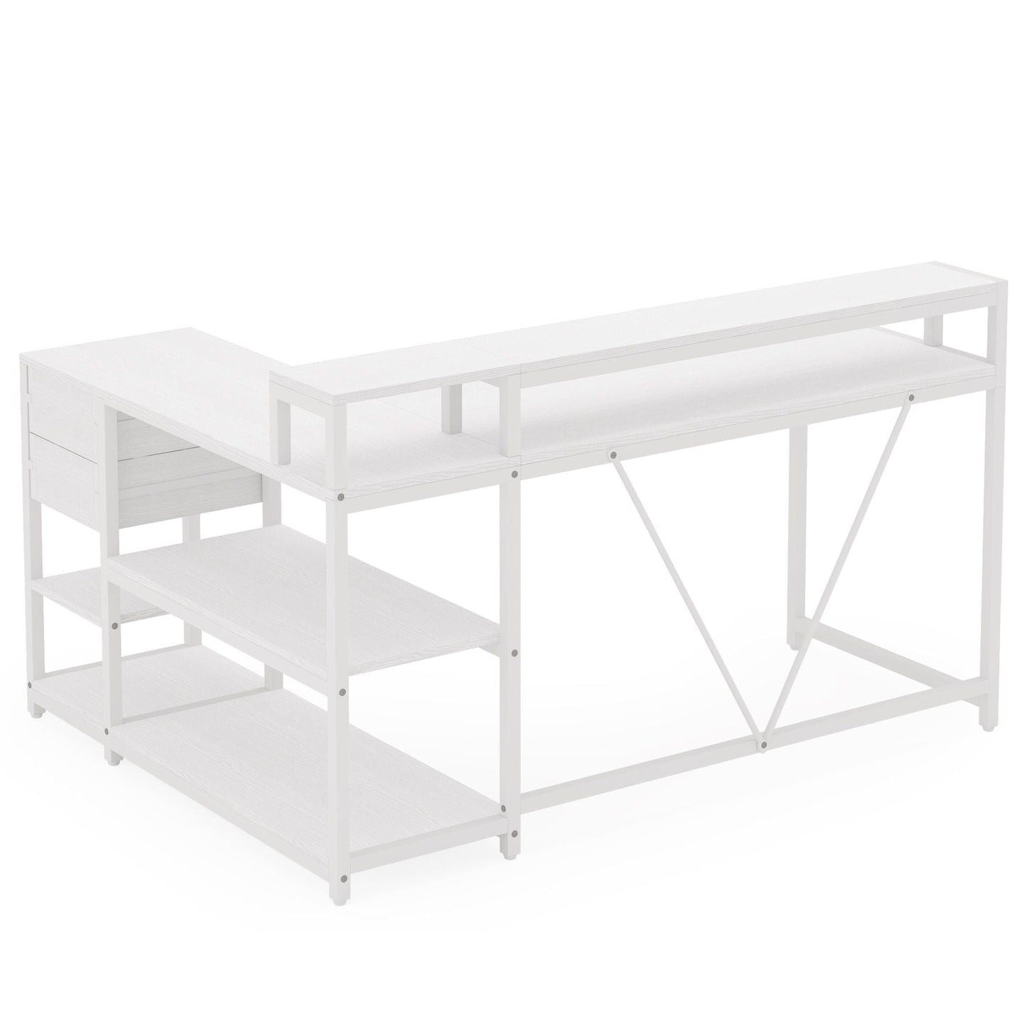 L-Shaped Home Office Desk with monitor riser, drawers and storage shelves in white by HouseOfZazla on Tampa Home & Garden Store