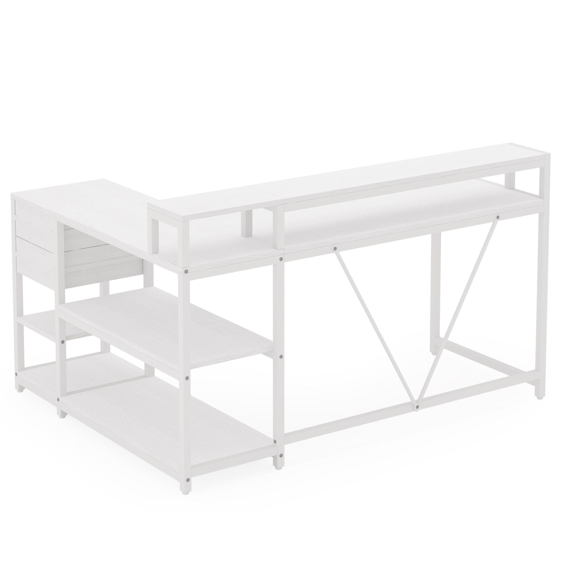 L-Shaped Home Office Desk with monitor riser, drawers and storage shelves in white by HouseOfZazla on Tampa Home & Garden Store