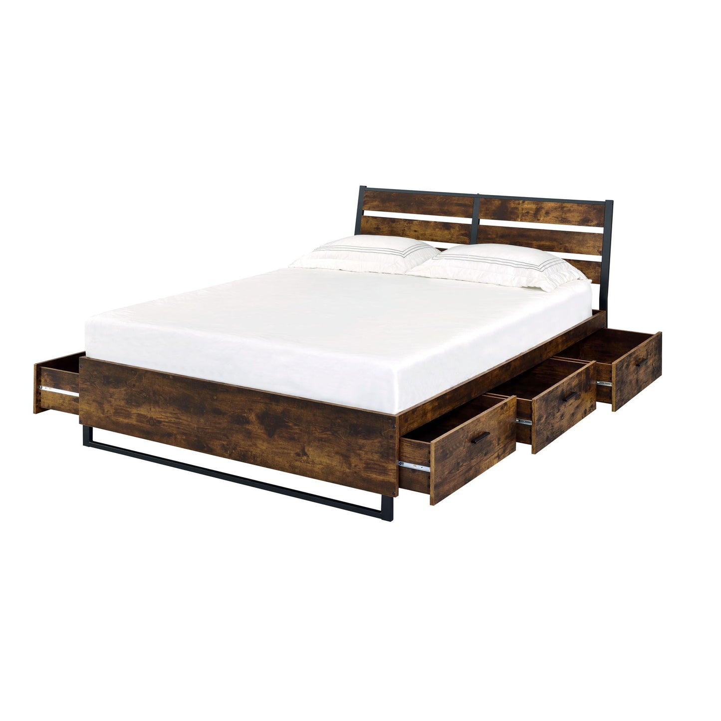 Juvanth Rustic Panel Bed dark wood with metal frame and under-bed drawers HouseOfZazla on Tampa Home & Garden Store