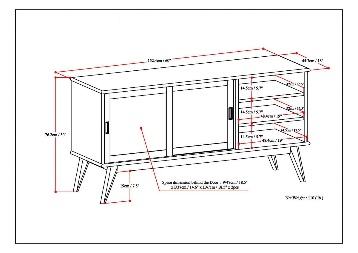 Handcrafted Mid Century TV Stand and Storage with left sliding doors and right open shelves on Tampa Home & Garden Store