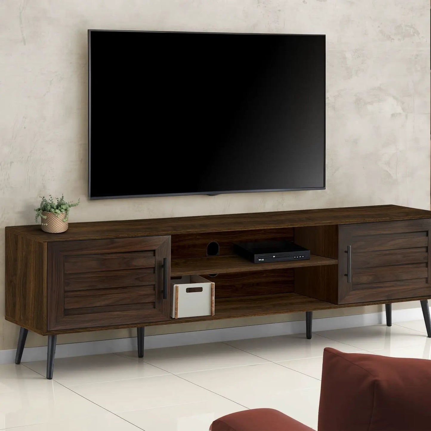 TV stand console in dark walnut finish with storage cabinets and shelf by Unique Piece Furniture on Tampa Home & Garden Store