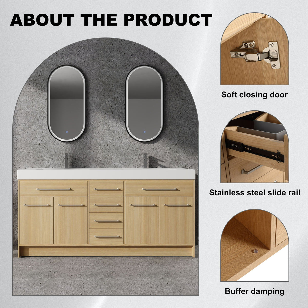 Freestanding bathroom vanity with resin sink in light brown wood, HouseOfZazla, soft-closing doors on Tampa Home & Garden Store