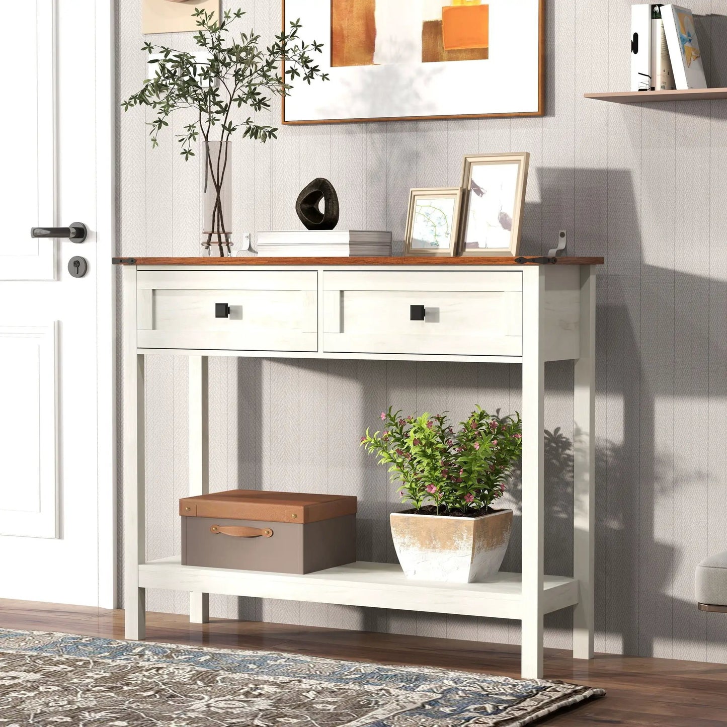 Farmhouse Console Table With 2 Drawers and Shelf