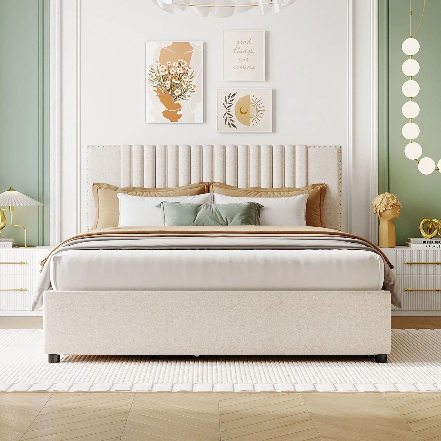 Upholstered Platform Bed With Drawers Headboard