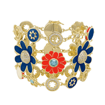 Daisy Dreams Bracelet by Lauren G Adams; gold-tone chain with blue and red enamel flowers on Tampa Home & Garden Store