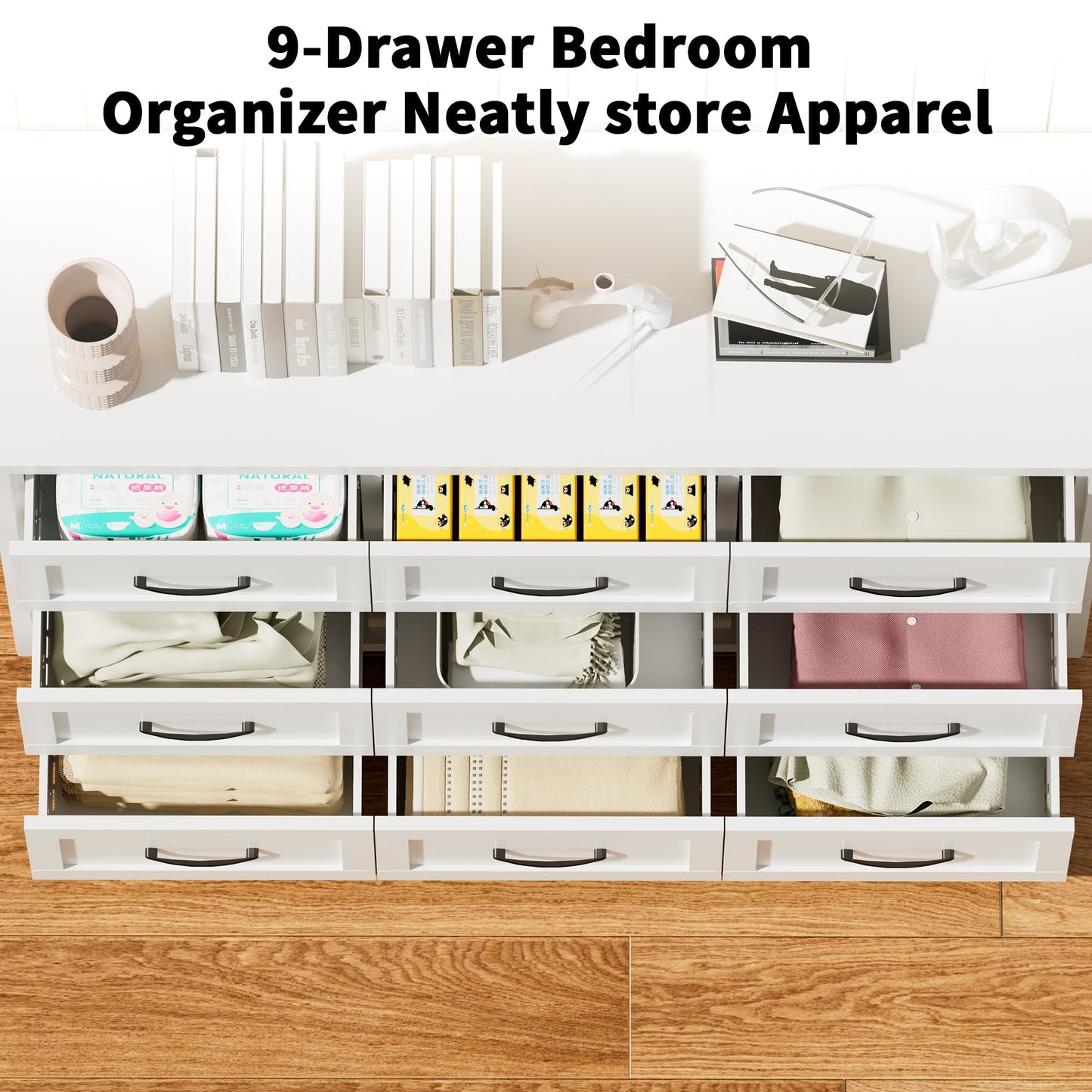 9-Drawer White Metal Dresser with Quiet-Glide Rails by HouseOfZazla in a neatly organized closet on Tampa Home & Garden Store
