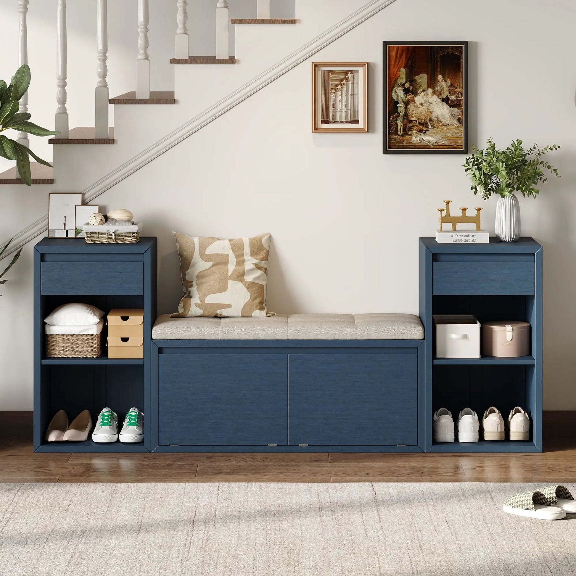 Entryway storage bench with cushion in blue, drawers and open shelves by Unique Piece Furniture on Tampa Home & Garden Store