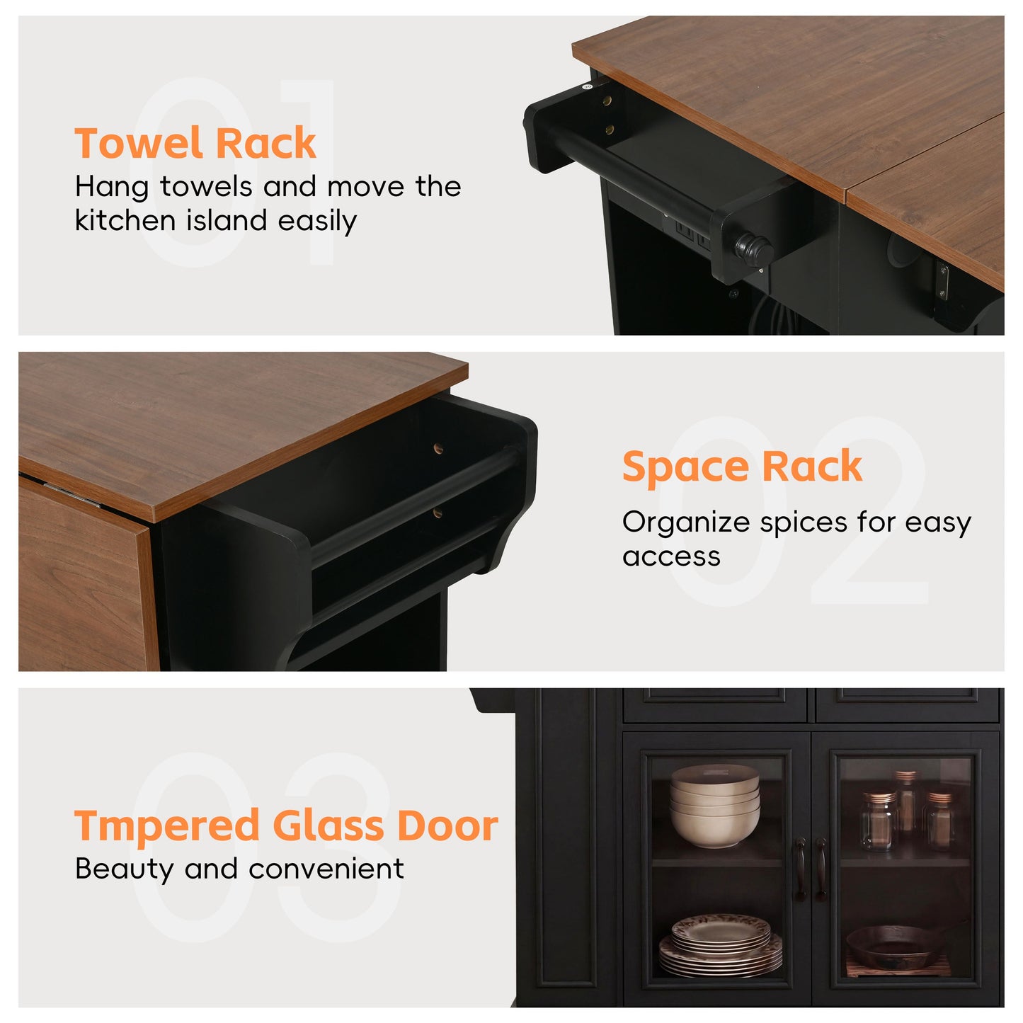 Mobile Kitchen Island with Glass Door and Outlet
