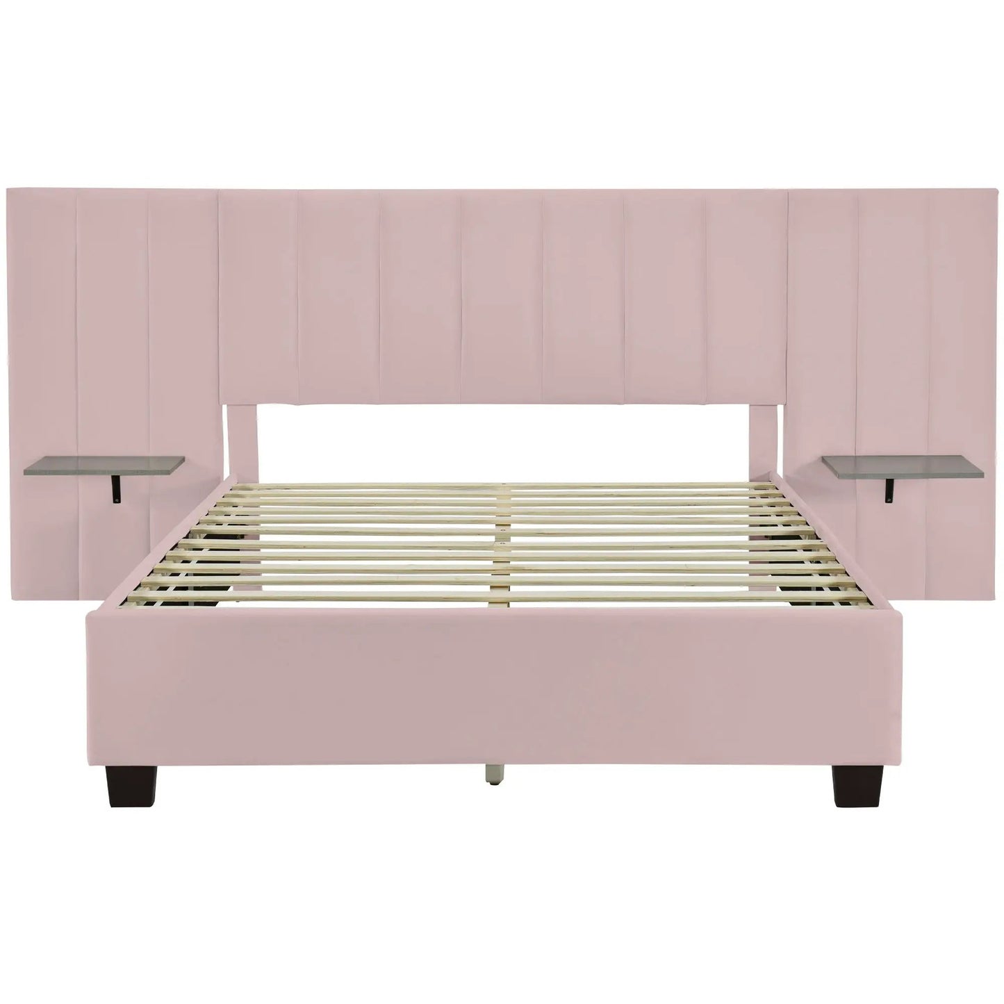 Upholstered platform bed with pink headboard, slatted base, two glass-topped nightstands on Tampa Home & Garden Store