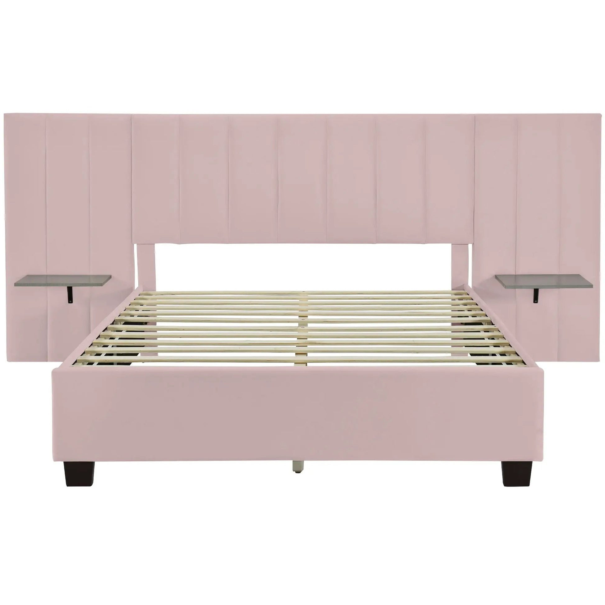 Upholstered platform bed with pink headboard, slatted base, two glass-topped nightstands on Tampa Home & Garden Store