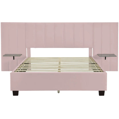 Upholstered platform bed with pink headboard, slatted base, two glass-topped nightstands on Tampa Home & Garden Store