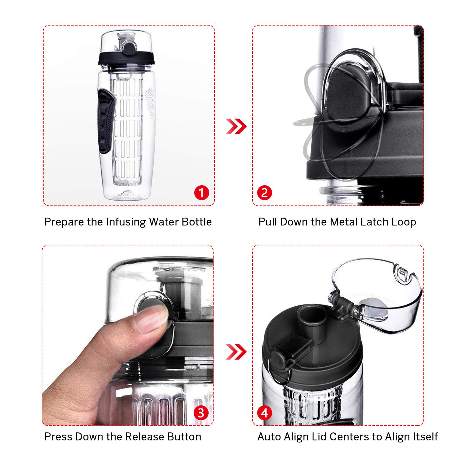 Fruit Infuser Water Bottle 32oz GemGear four-step setup with flip-top lid and anti-slip grip on Tampa Home & Garden Store