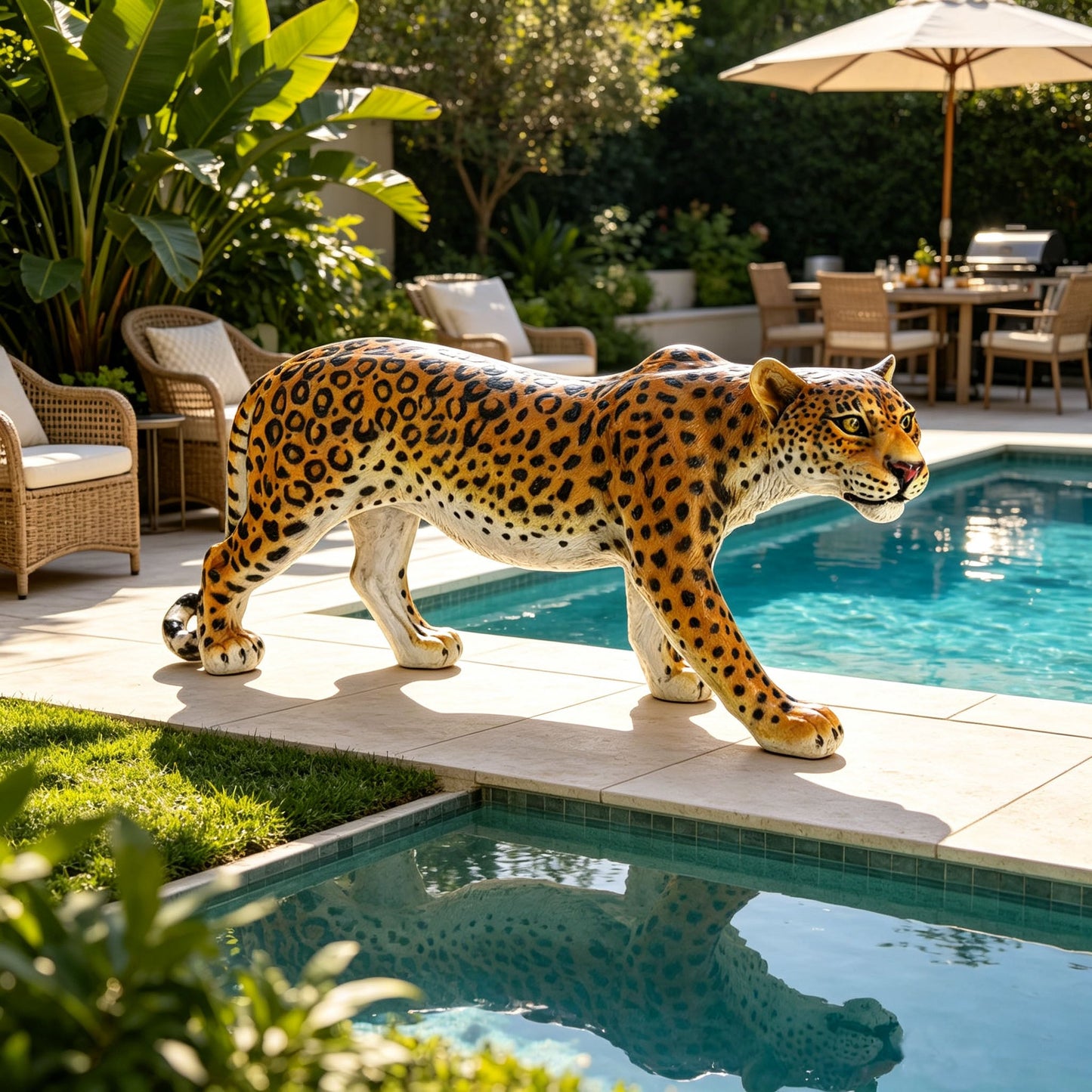 Leopard garden statue 32in lifelike resin cheetah sculpture by HouseOfZazla beside pool on Tampa Home & Garden Store