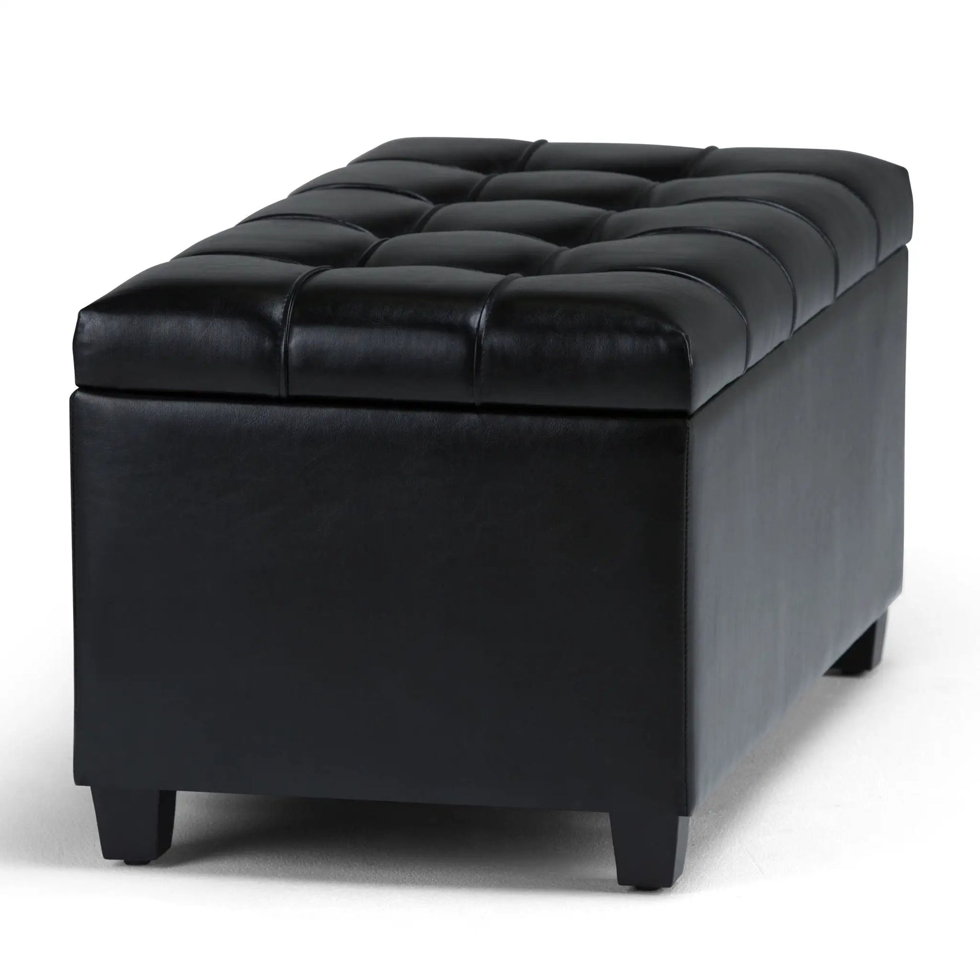 Sienna upholstered storage ottoman bench in black leather with tufted top on Tampa Home & Garden Store