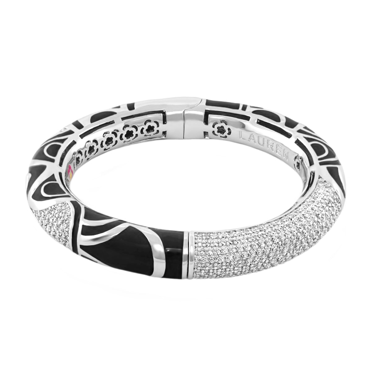 Magic 8 Bangle by Lauren G Adams, hinged silver-tone bracelet with black enamel inlay and pavé crystals on Tampa Home & Garden Store