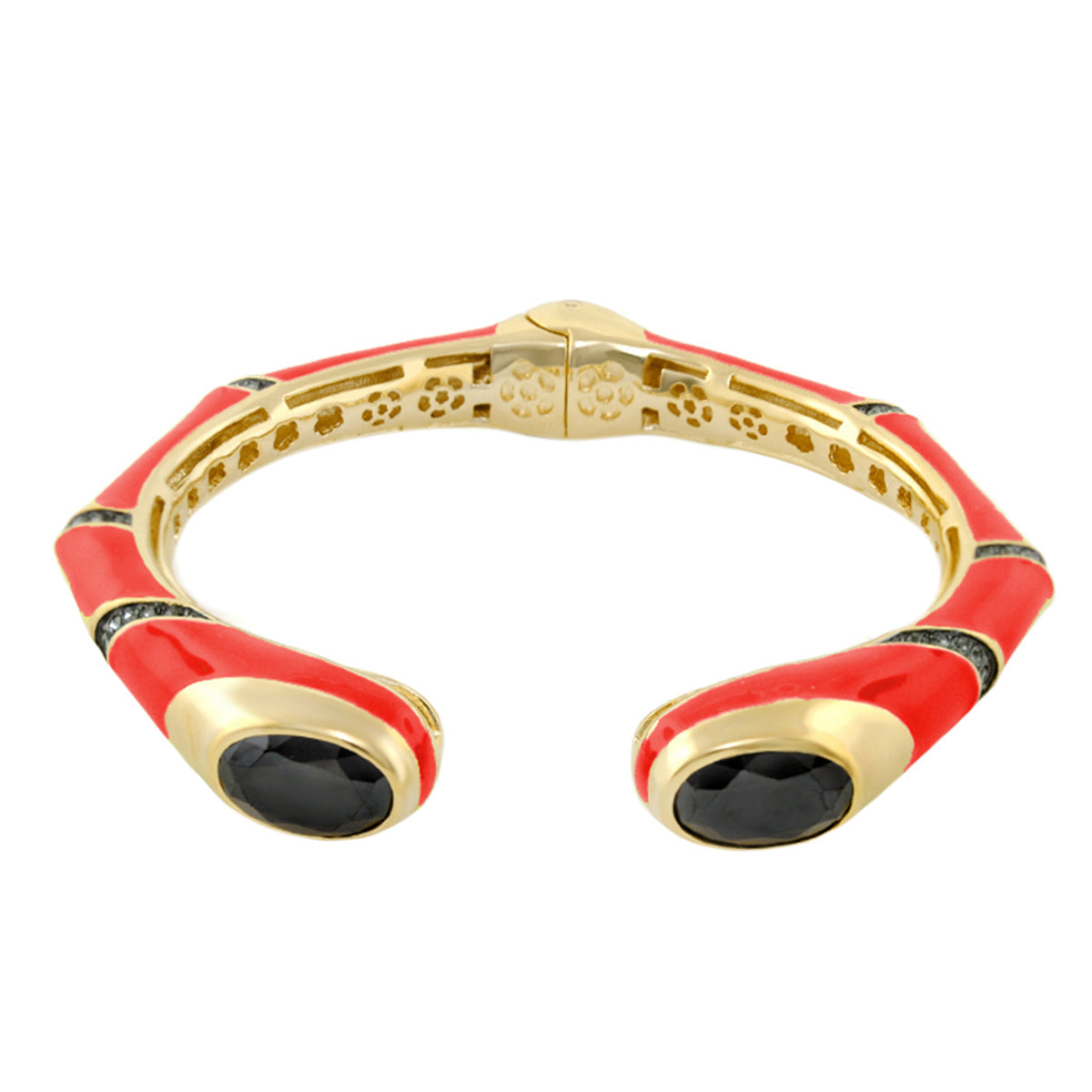 Earth Wind and Fire Bangle Oval Crystal Tips goldtone red enamel cuff with black oval stones on Tampa Home & Garden Store