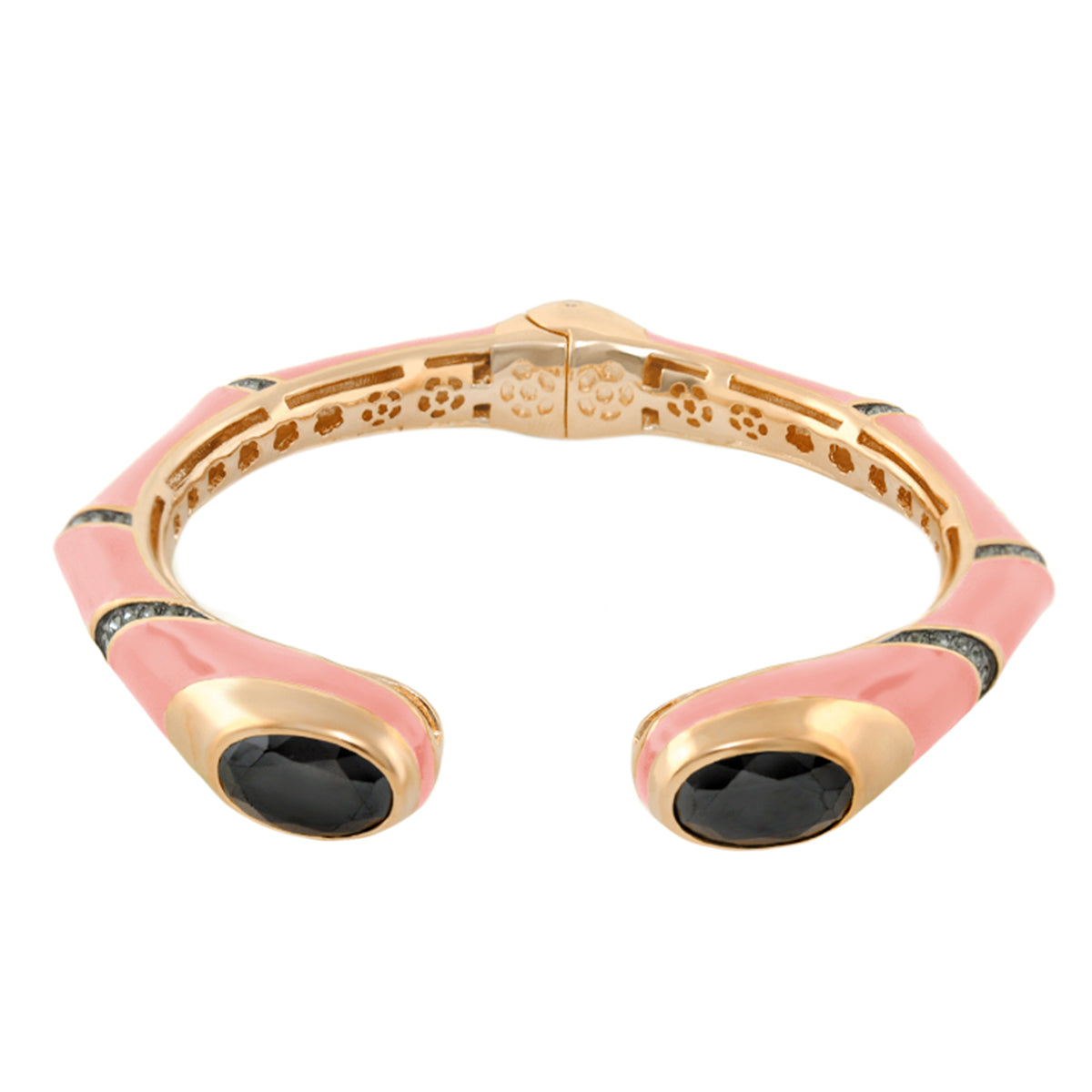 Earth Wind and Fire Bangle Oval Crystal Tips pink enamel gold-tone with black onyx ends on Tampa Home & Garden Store
