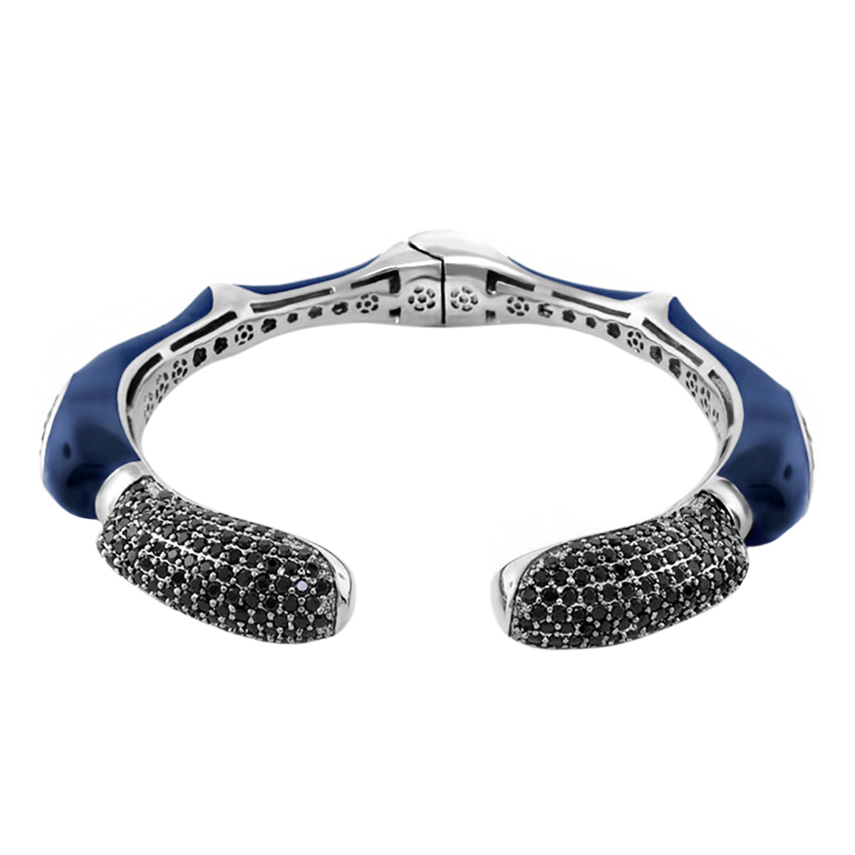 Earth Wind and Fire Bangle Hinged bracelet with blue enamel sides and black pavé tip ends on Tampa Home & Garden Store