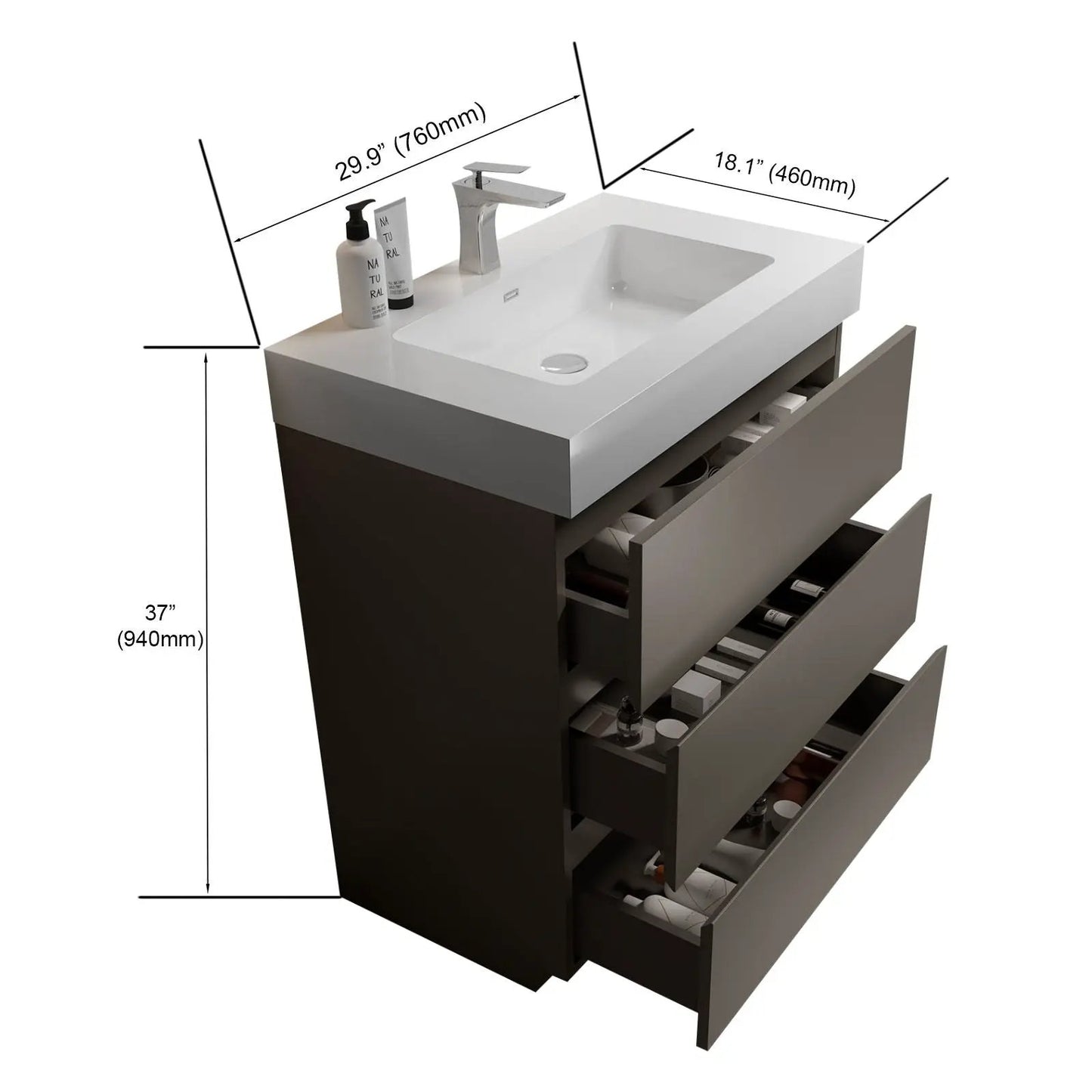 Alice bathroom vanity with sink, freestanding dark cabinet, white top, storage drawers on Tampa Home & Garden Store
