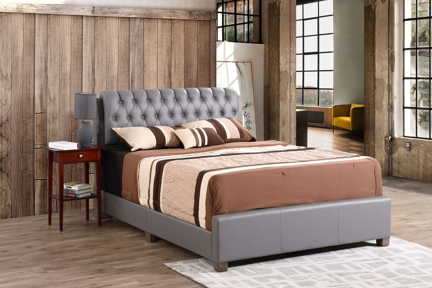 Tufted Upholstered Bed in gray fabric with button tufted headboard HouseOfZazla on Tampa Home & Garden Store