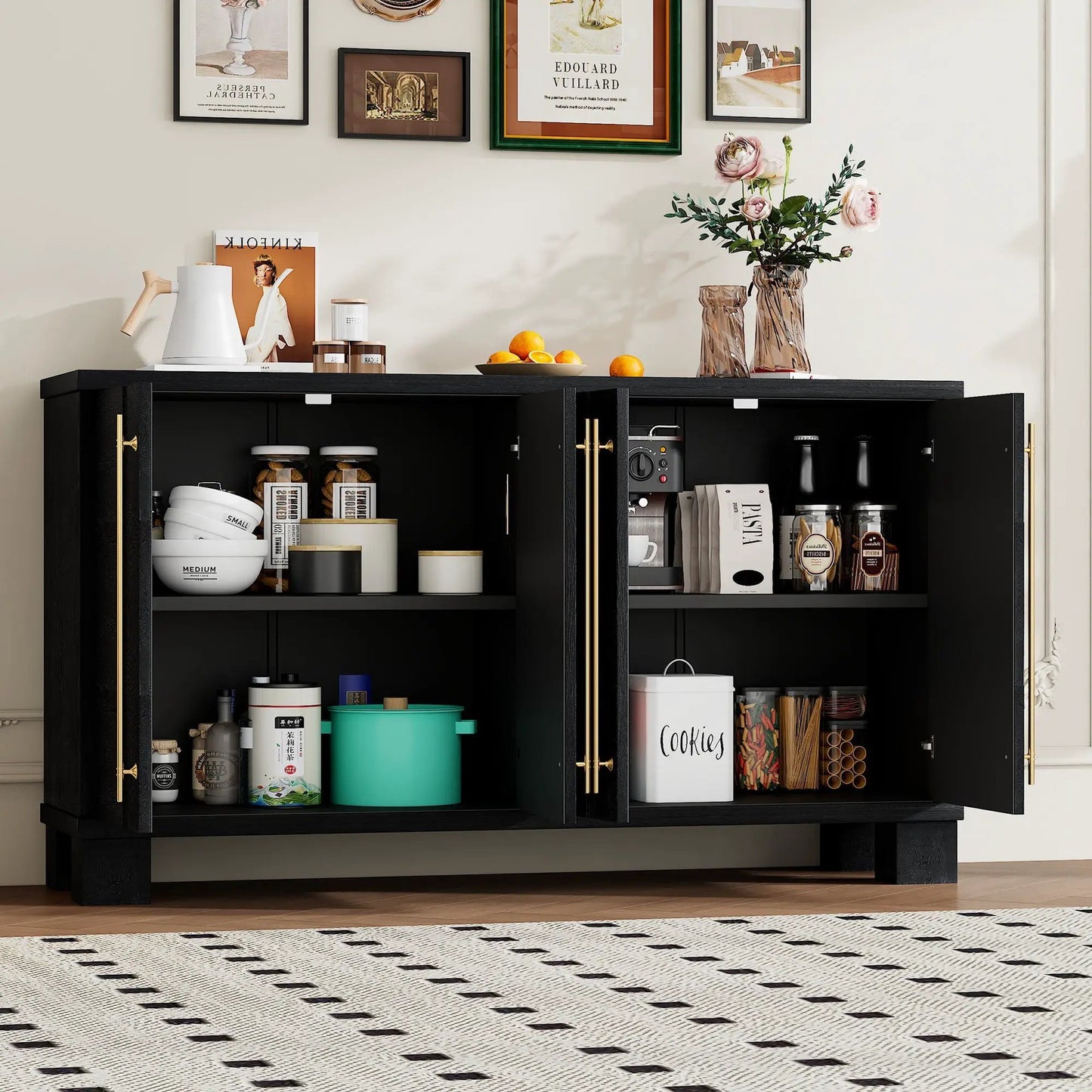Sideboard With Adjustable Shelves by Unique Piece Furniture, black with brass hardware on Tampa Home & Garden Store