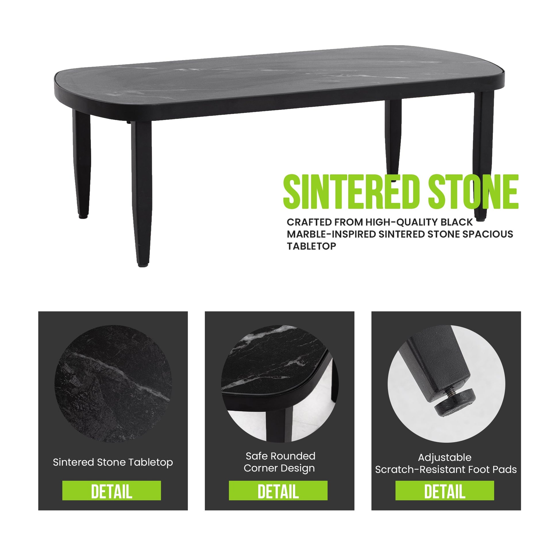 Sintered Stone Tabletop for outdoor patio set with black marble-inspired surface and rounded edges on Tampa Home & Garden Store