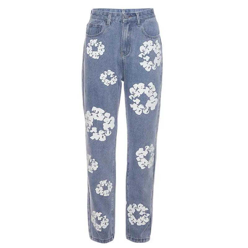 Fashionable Printed High Waist Straight Jeans blue denim with white floral prints FLIPSTYLEZLLC on Tampa Home & Garden Store