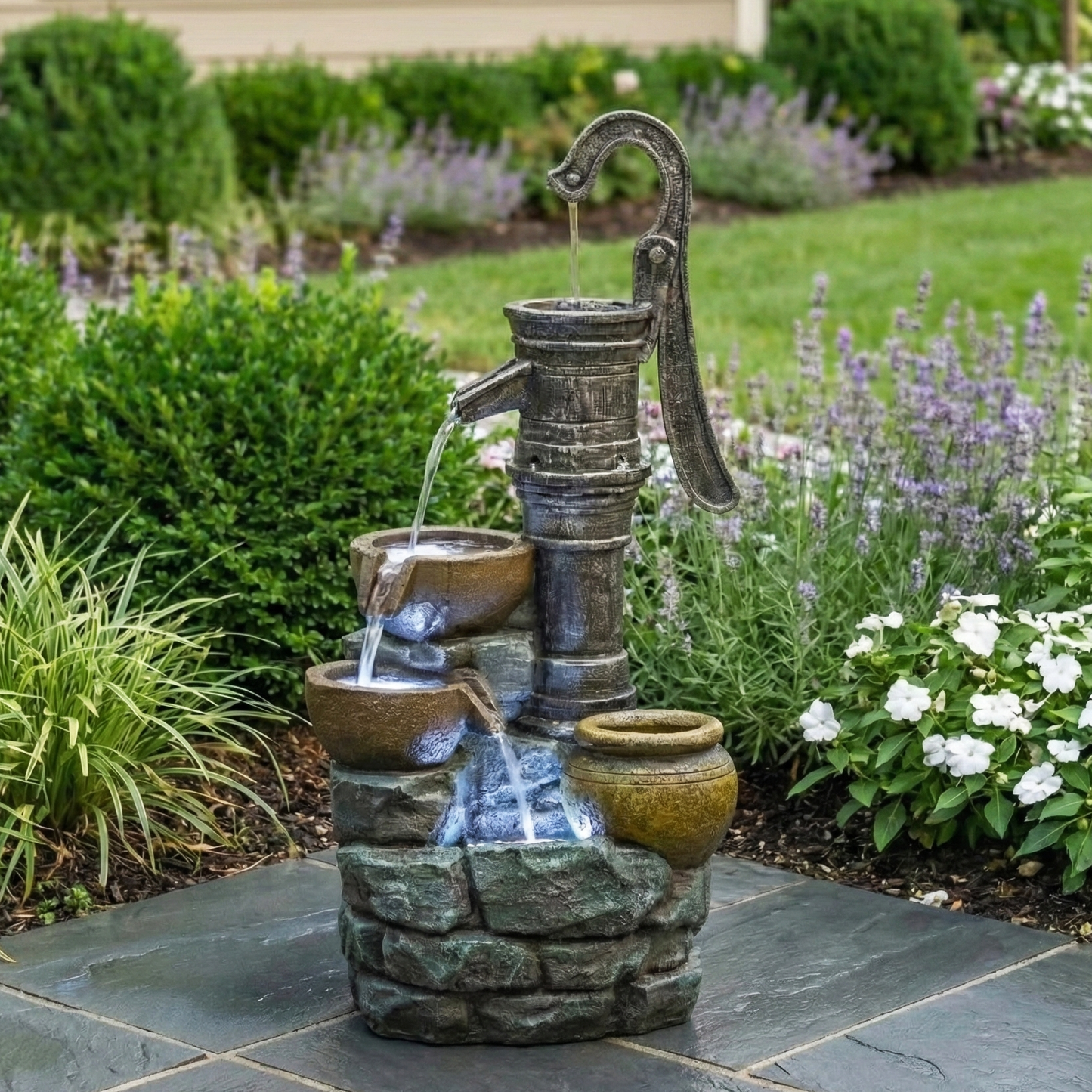 32'' H outdoor fountain with vintage pump, rustic gray stone-look fountain with cascading basins on Tampa Home & Garden Store