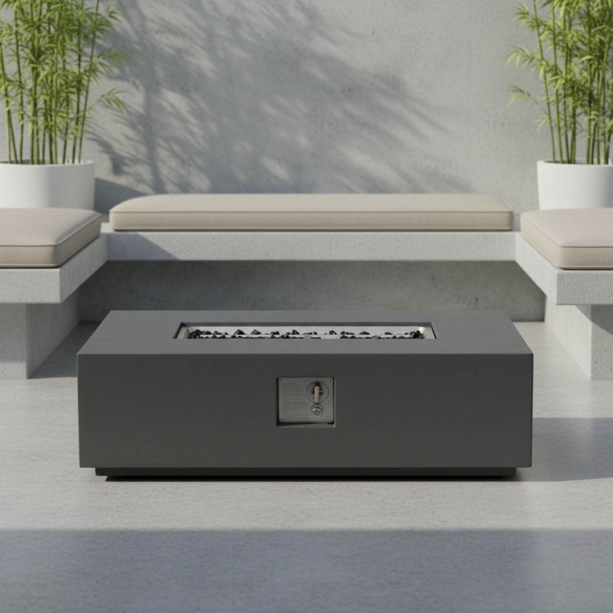 Rectangular light gray fire pit table with lava rock insert 50,000 BTU by HouseOfZazla on Tampa Home & Garden Store