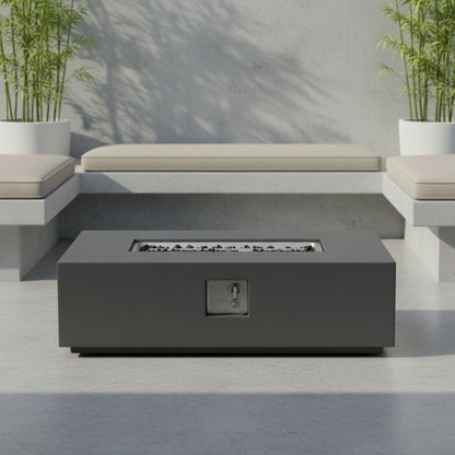 Rectangular light gray fire pit table with lava rock insert 50,000 BTU by HouseOfZazla on Tampa Home & Garden Store