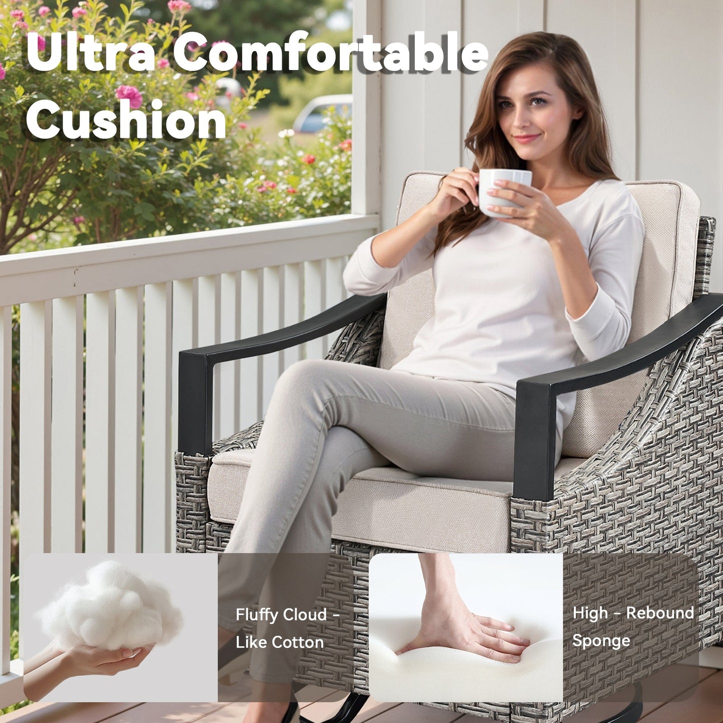 3-Piece Outdoor Conversation Set with Swivel Rockers gray wicker beige cushions HouseOfZazla on Tampa Home & Garden Store