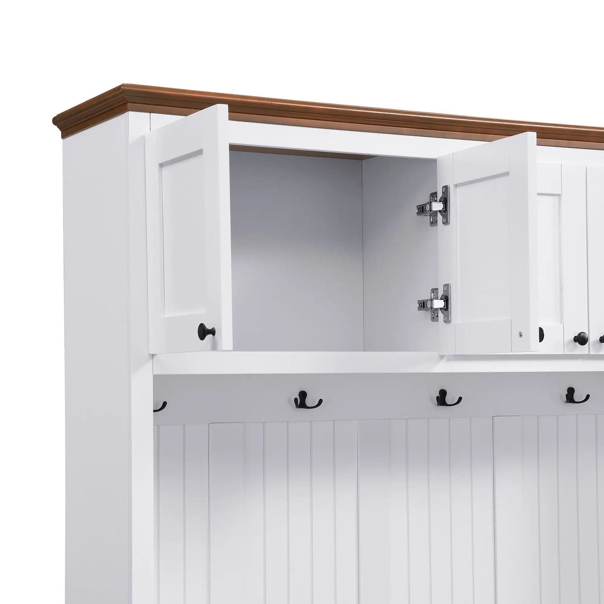 Entryway hall tree white with storage bench, beadboard panels and brown top trim on Tampa Home & Garden Store