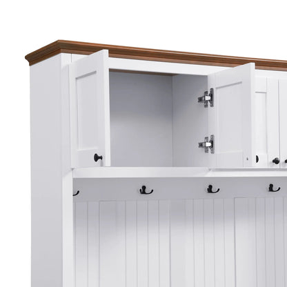 Entryway hall tree white with storage bench, beadboard panels and brown top trim on Tampa Home & Garden Store