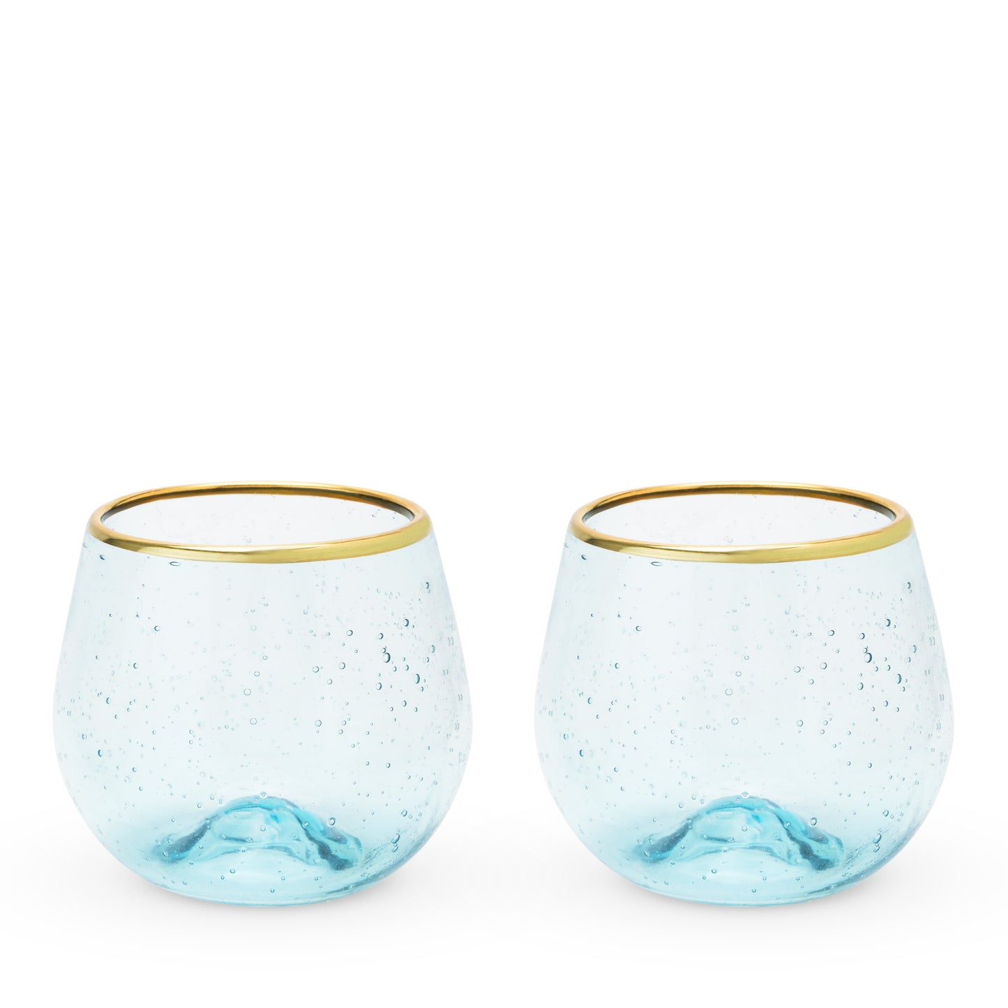 Aqua Bubble Stemless Wine Glasses and Gold Rim