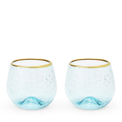 Aqua Bubble Stemless Wine Glasses and Gold Rim
