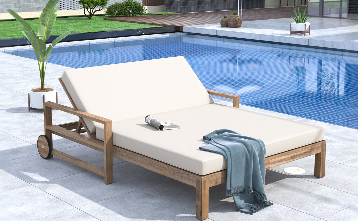 Farmhouse Acacia Sunbed for Two and Cozy Cushions