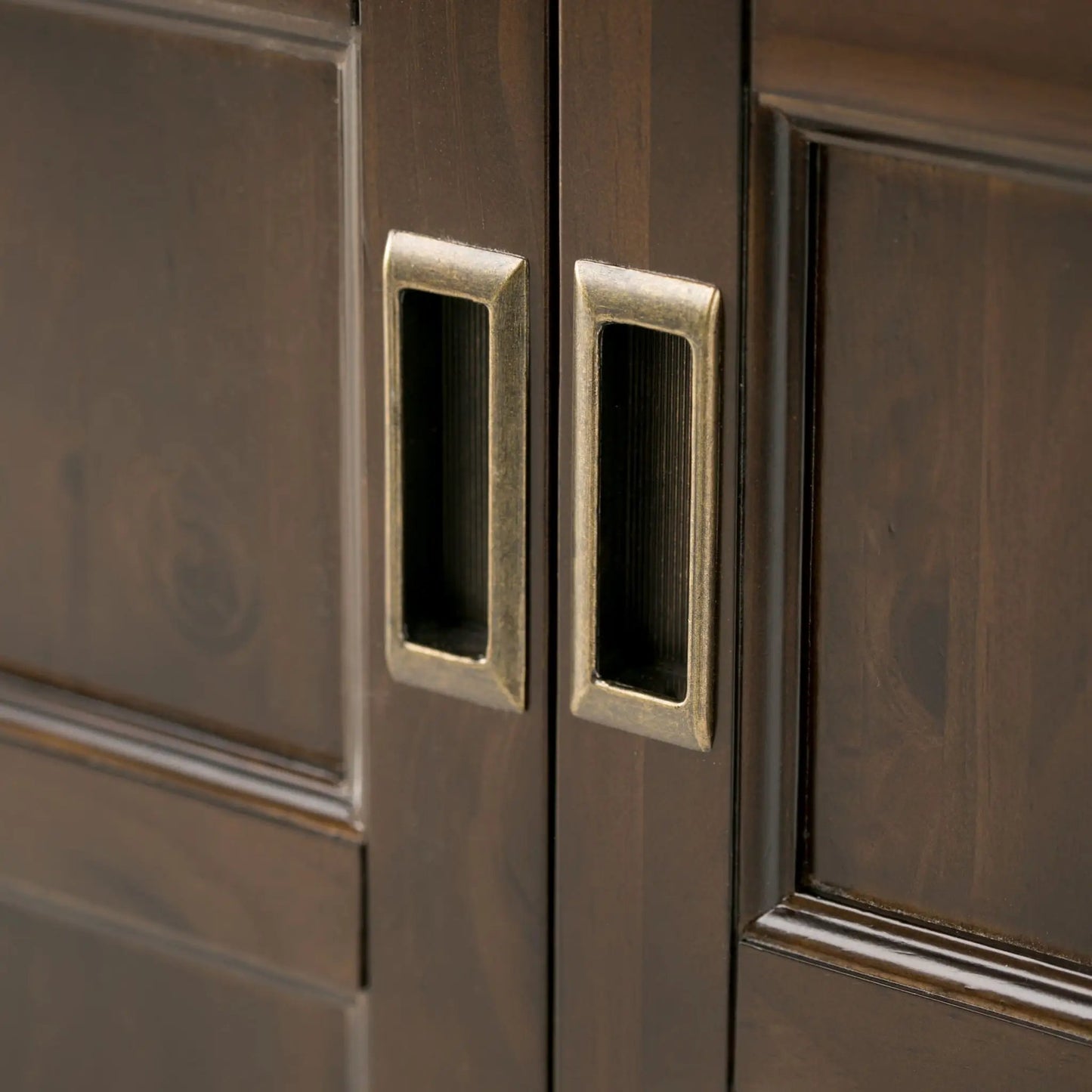 Burlington handcrafted low storage cabinet with brass pulls in dark wood on Tampa Home & Garden Store