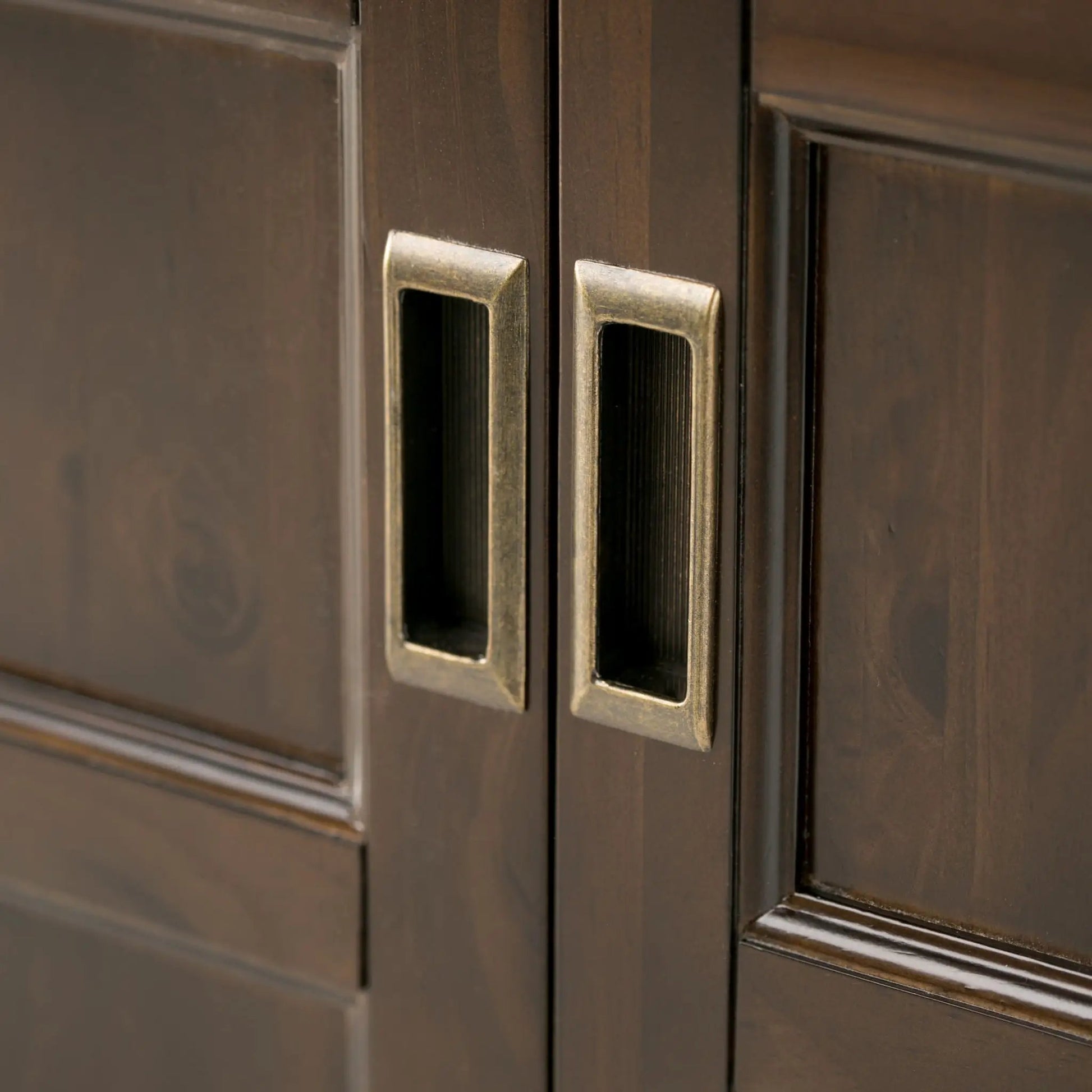Burlington handcrafted low storage cabinet with brass pulls in dark wood on Tampa Home & Garden Store