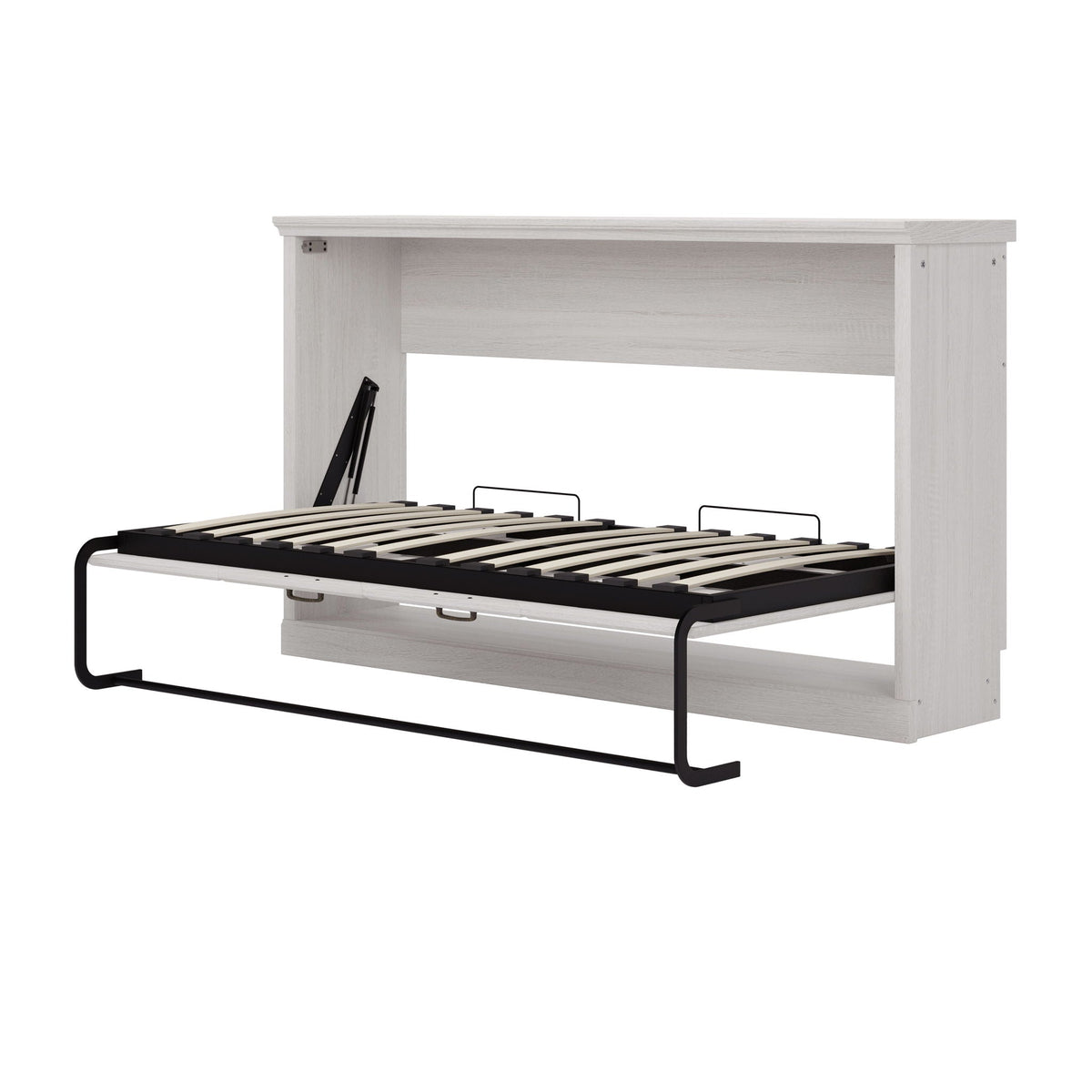 Twin size horizontal Murphy bed in rustic white wood cabinet with black metal frame on Tampa Home & Garden Store
