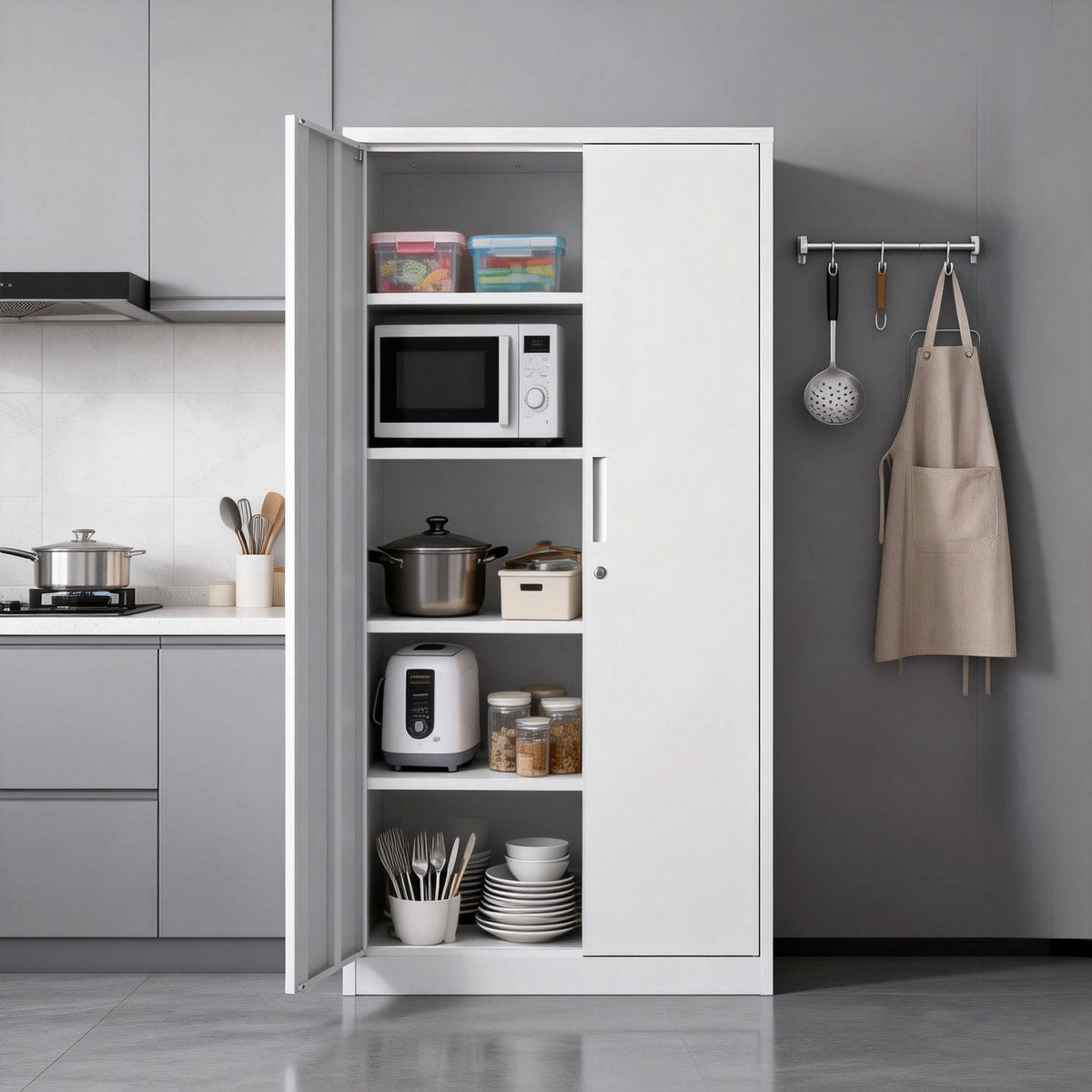 HouseOfZazla white steel storage cabinet with adjustable shelves and lock, microwave inside on Tampa Home & Garden Store