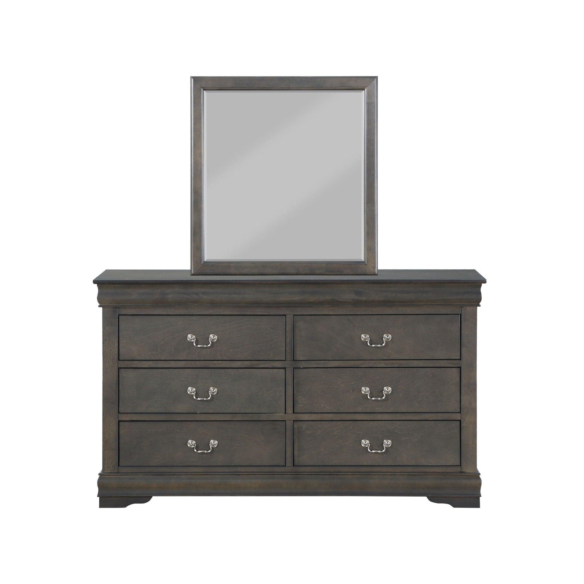 Louis Philippe Bedroom Mirror with dark metal frame atop a dark wood dresser on Tampa Home & Garden Store