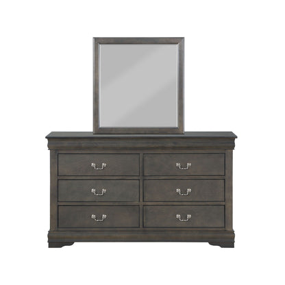Louis Philippe Bedroom Mirror with dark metal frame atop a dark wood dresser on Tampa Home & Garden Store