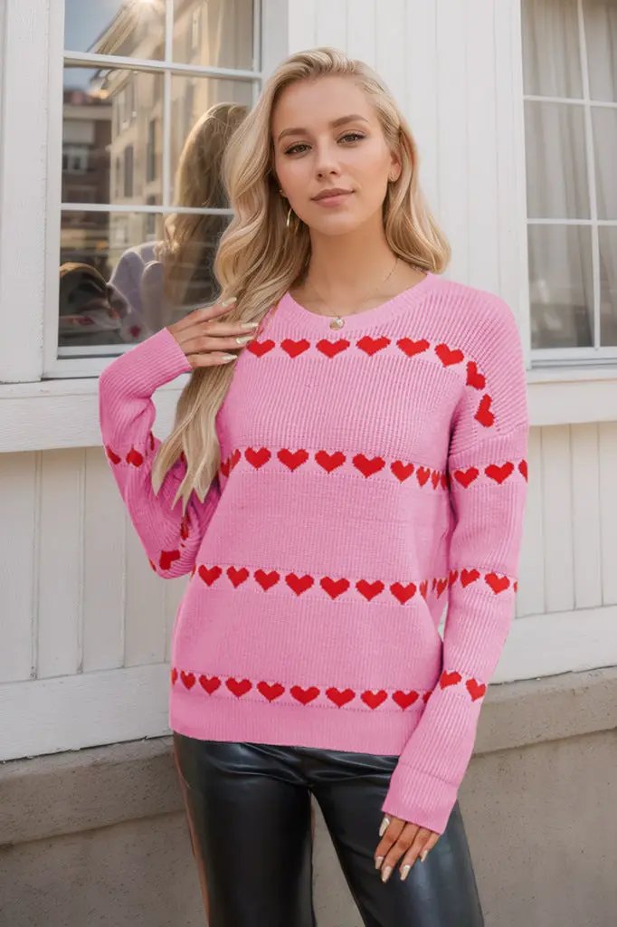 Valentine's Day Love Pullover pink knit sweater with red heart stripes, long sleeves on Tampa Home & Garden Store
