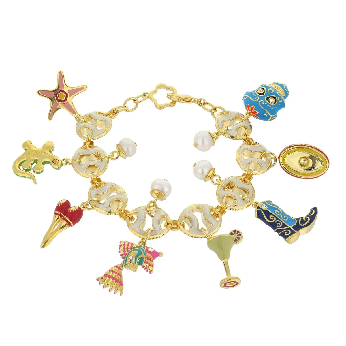 Eau Charm Bracelet by Lauren G Adams: gold-tone chain with colorful enamel charms and pearls on Tampa Home & Garden Store