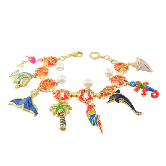 Eau Island Life Bracelet by Lauren G Adams, gold-tone tropical charm with palm and parrot on Tampa Home & Garden Store