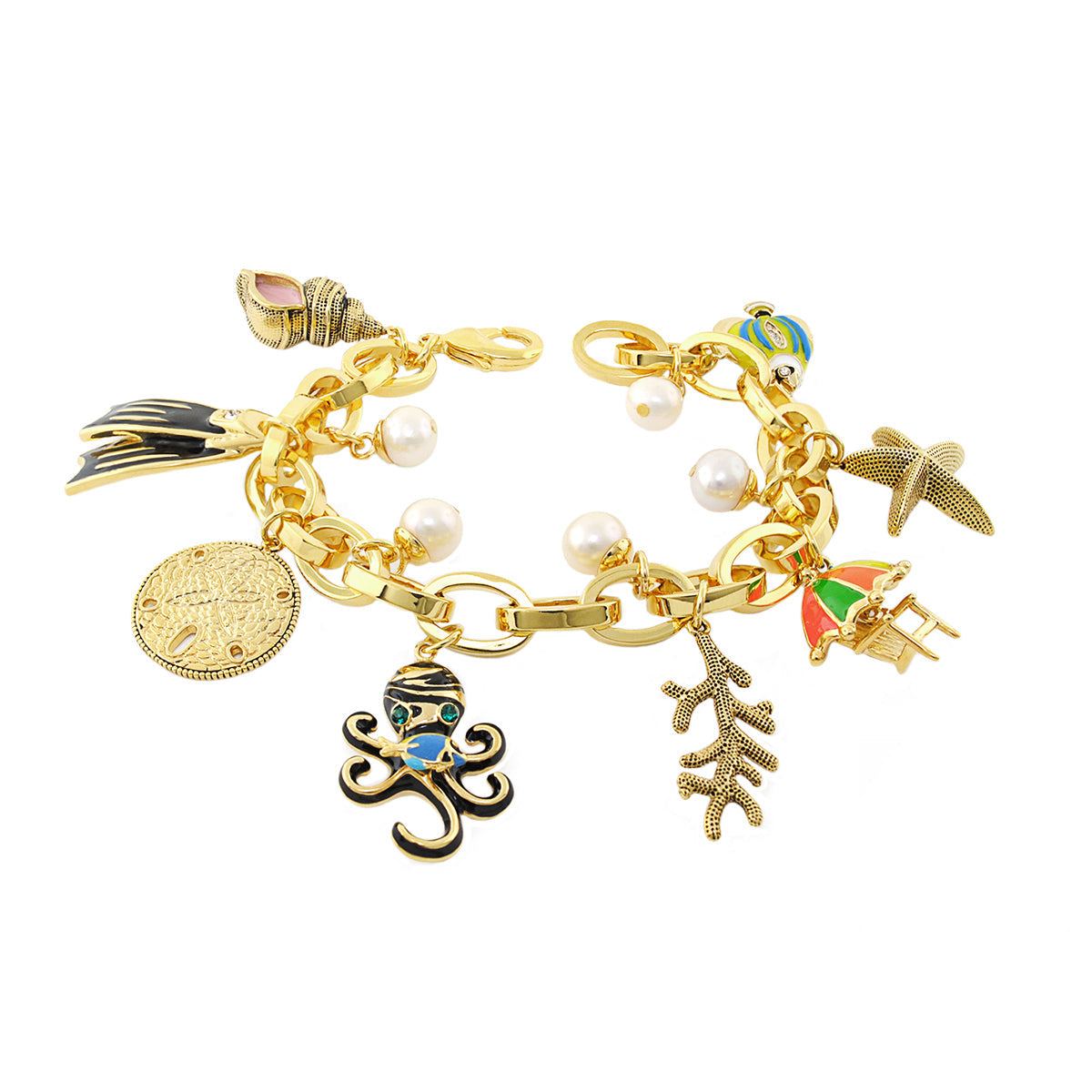 Eau Charm Bracelet gold-tone link chain with pearls and charms like octopus, starfish and leaf on Tampa Home & Garden Store