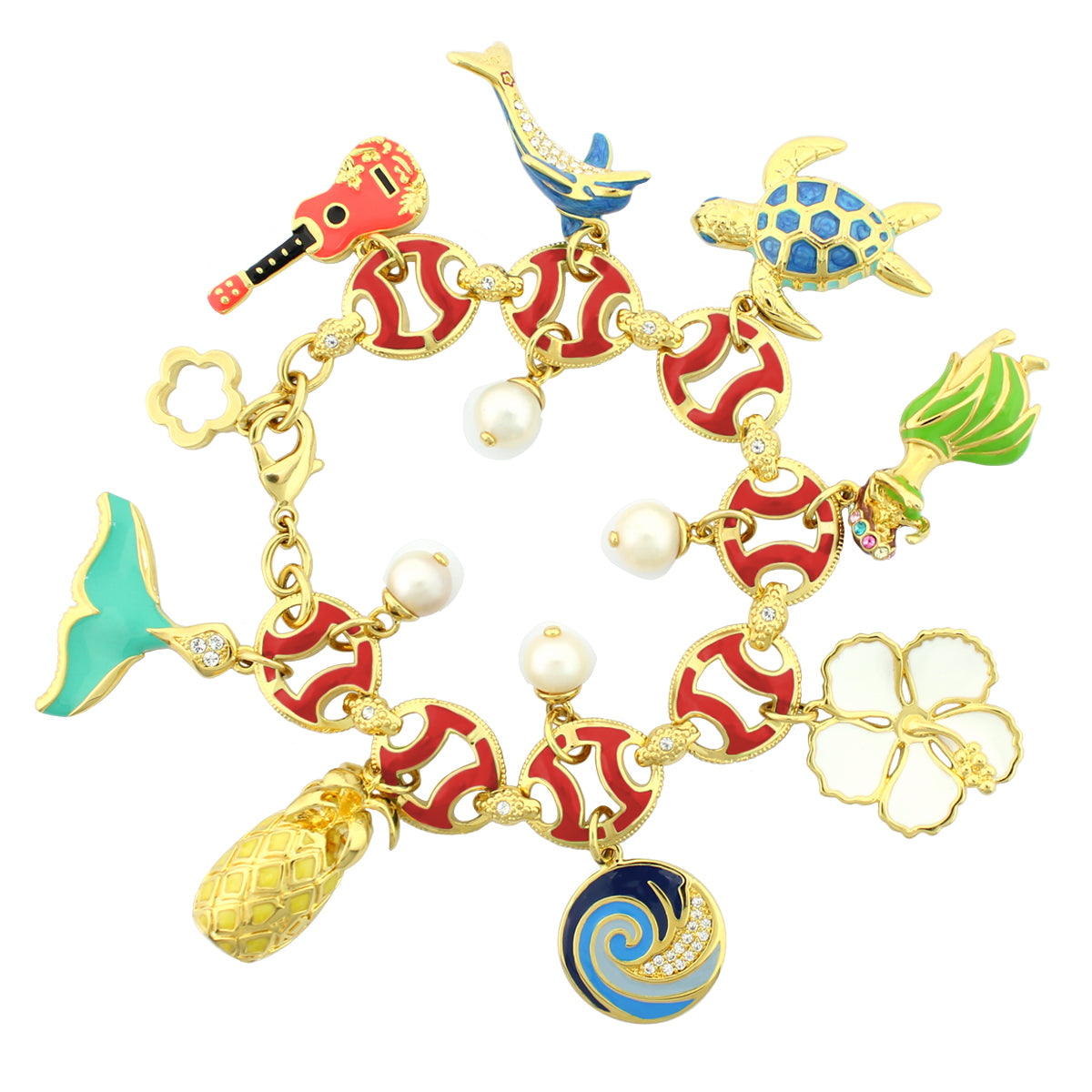 Hawaiian Style Bracelet by Lauren G Adams, gold-tone charms with enamel turtle and pineapple on Tampa Home & Garden Store