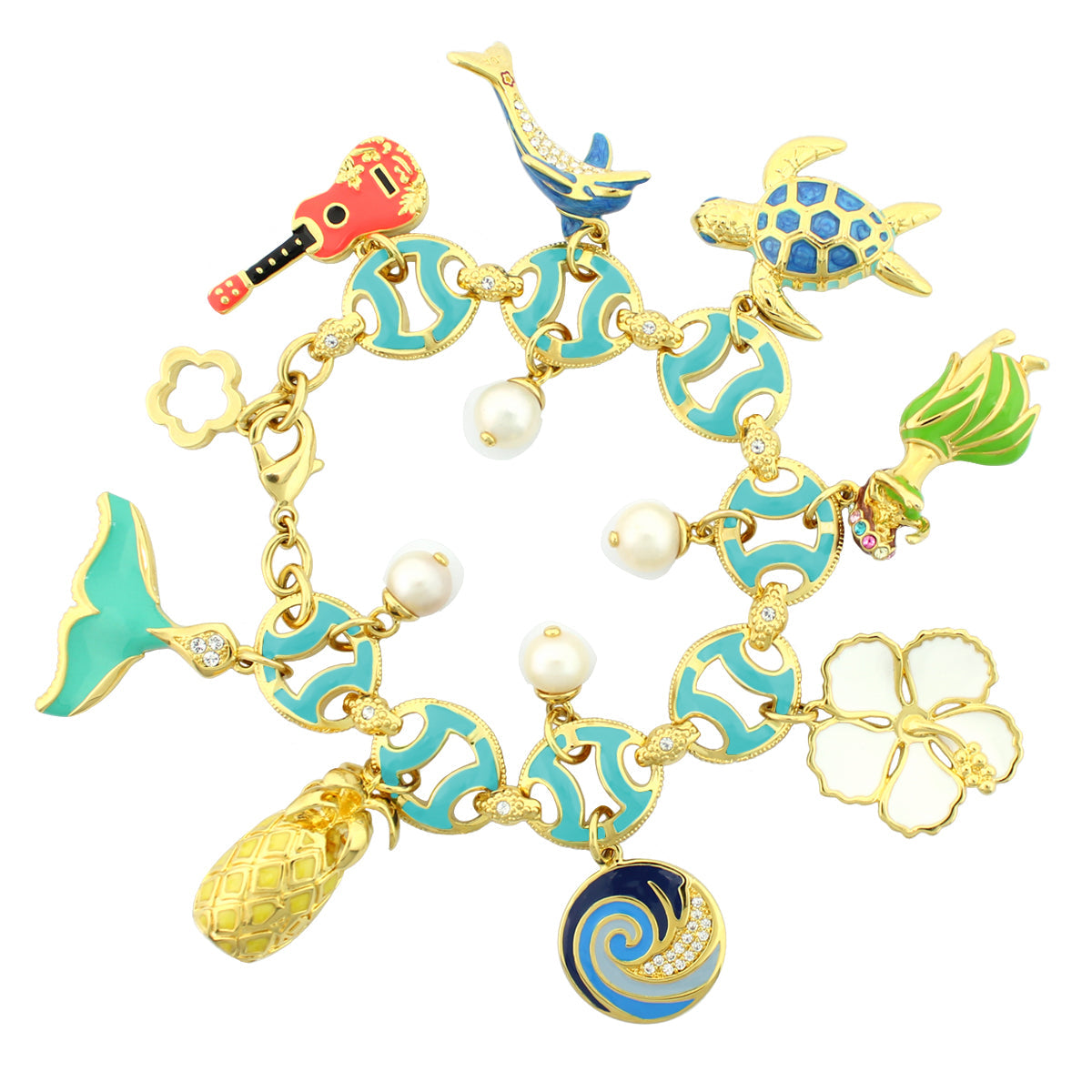 Hawaiian Style Bracelet by Lauren G Adams with enamel links tropical charms on gold-tone on Tampa Home & Garden Store